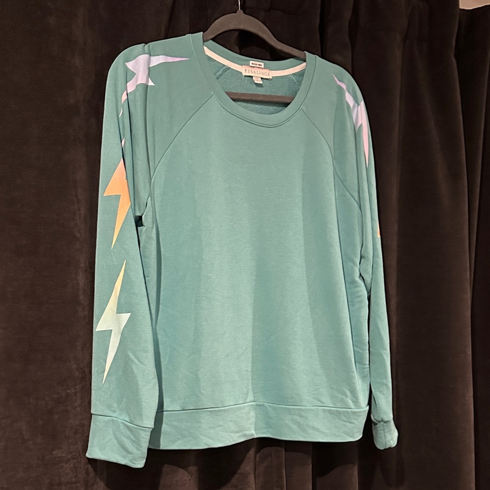 PJ Salvage Teal Sweatshirt with Colorful Lightning Bolts